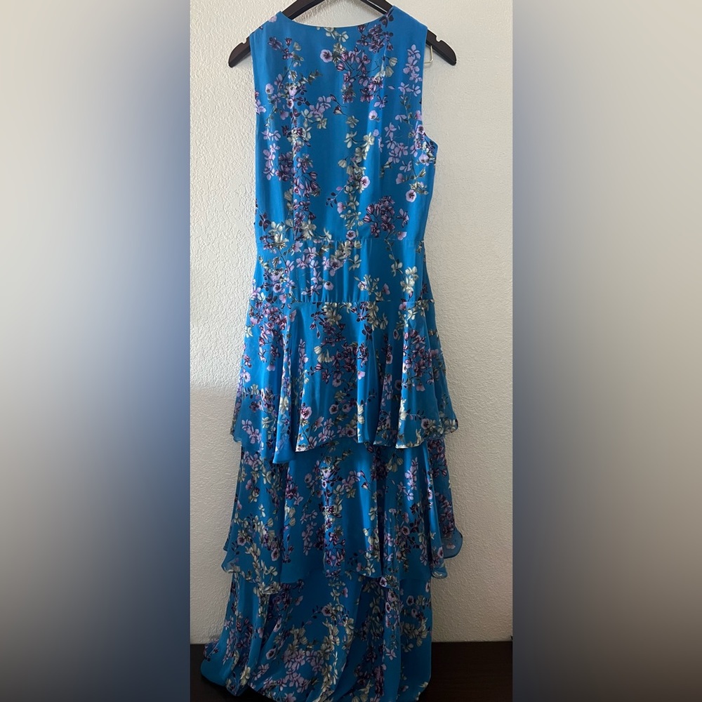 INC blue floral faux wrap ruffle dress - Picture 3 of 5